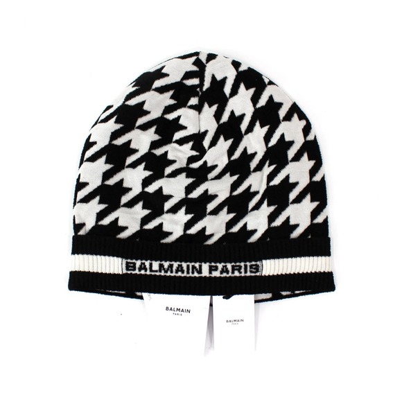 Balmain Accessories - Balmain Black White Wool Blend Houndstooth Beanie NEW Jacquard Logo Knit Hat